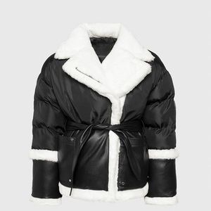 Black Belted Faux Shearling Collar Puffer